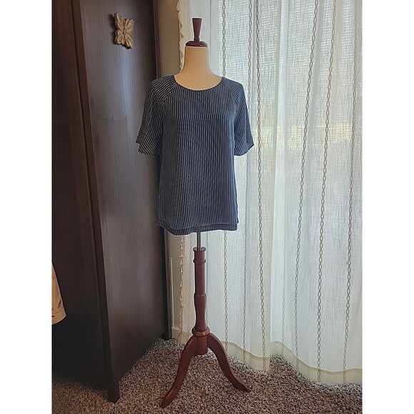 Chambray Striped Blouse Raglan Hem Ruffle Sleeve Small‎ - Picture 2 of 7